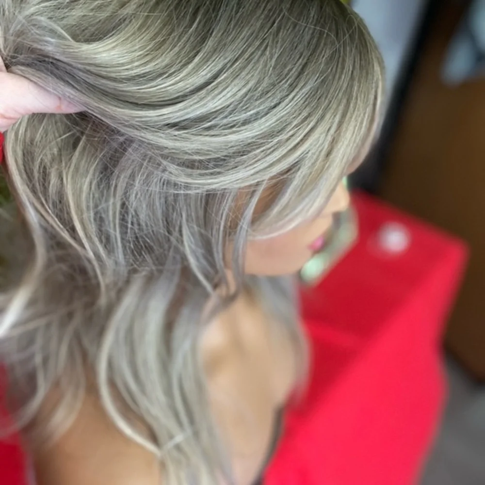 grey blonde long layered wig curtain bangs
